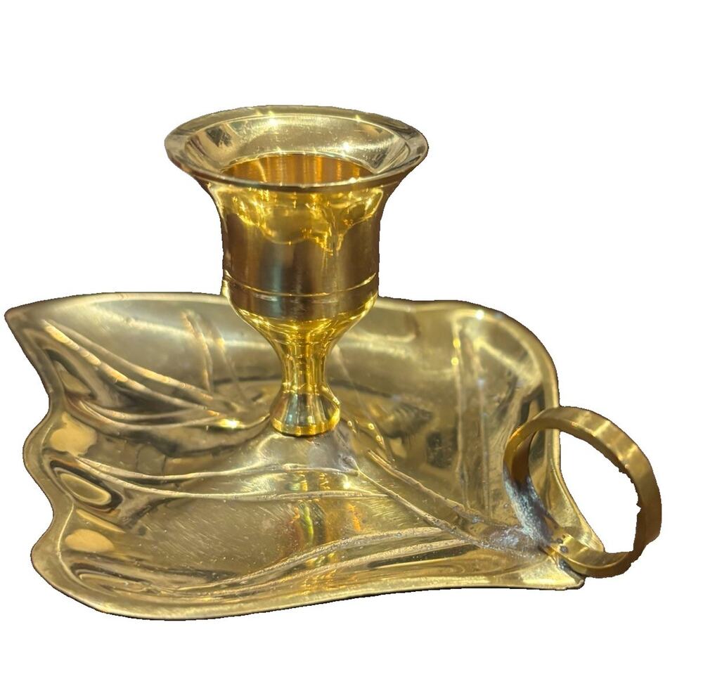 Vintage Solid Brass Chamber Candlestick Holder Finger Loop Leaf Base